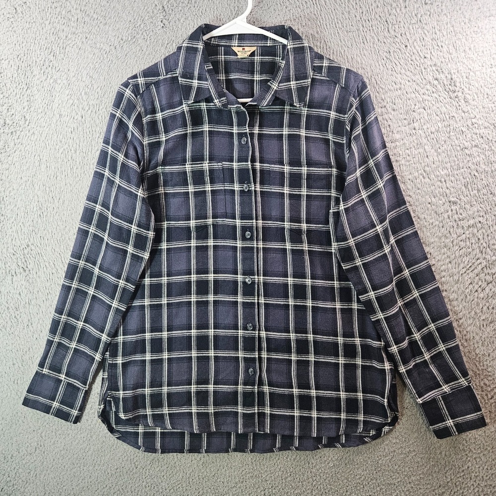 Woolrich Shirt Women Medium Button Up Long Sleeve Black White Plaid Cotton